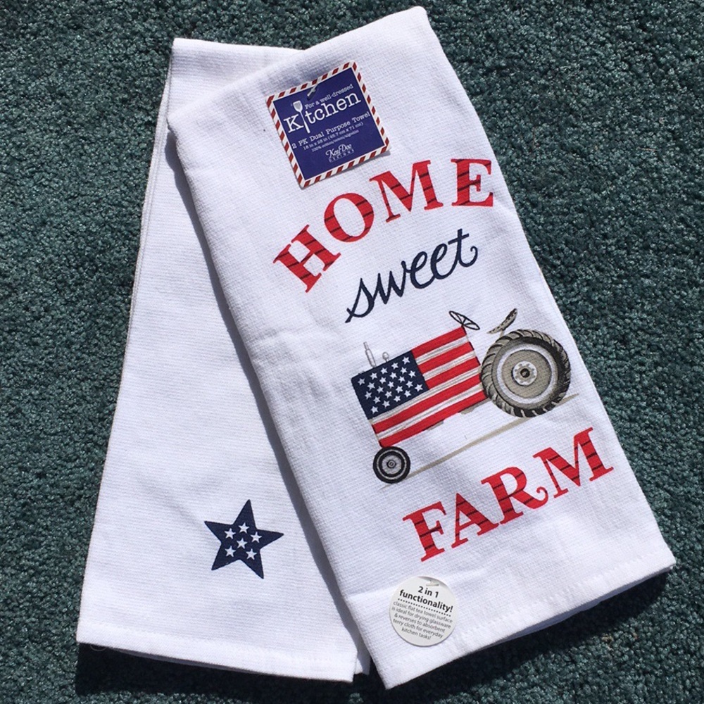 HOME SWEET FARM PATRIOTIC TRACTOR Set of 2 COTTON KITCHEN TOWELS - Picture 2 of 6